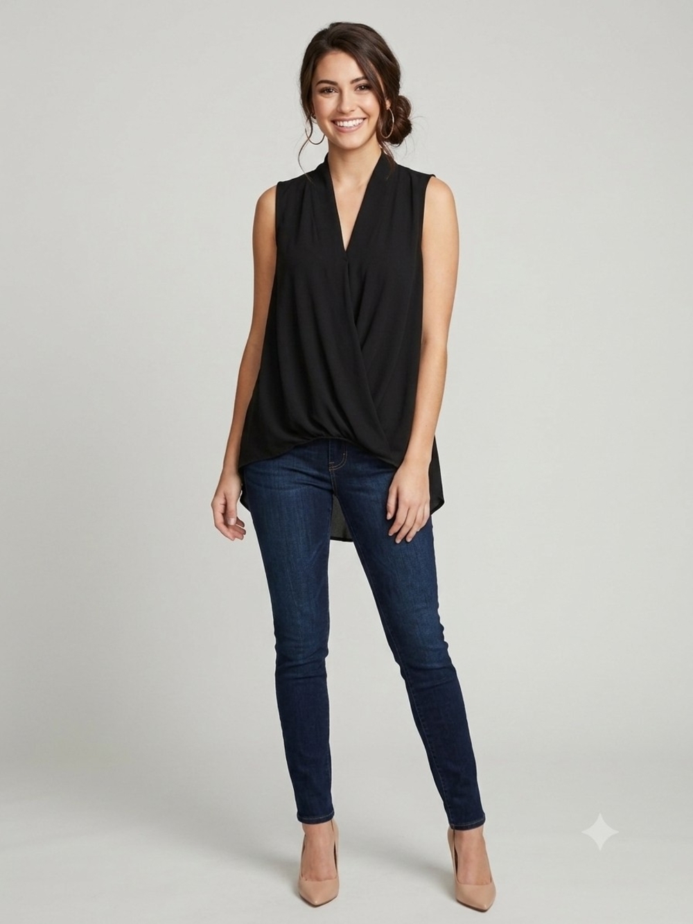 Ro & De Black Sleeveless Draped V-Neck Tunic
